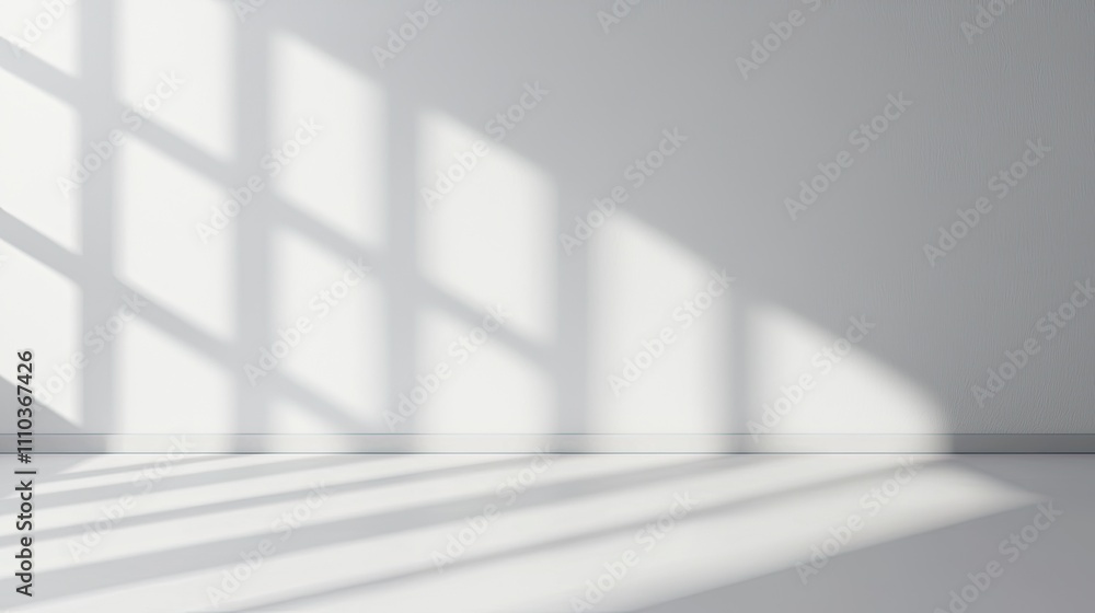A minimalist interior scene featuring soft shadows cast on a white wall, creating a serene and calming atmosphere.