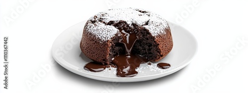 A decadent chocolate lava cake with a molten center, isolated white background, minimalist art style