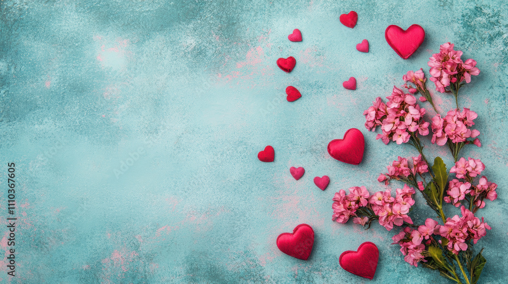 Romantic flat lay with pink flowers and hearts on pastel background