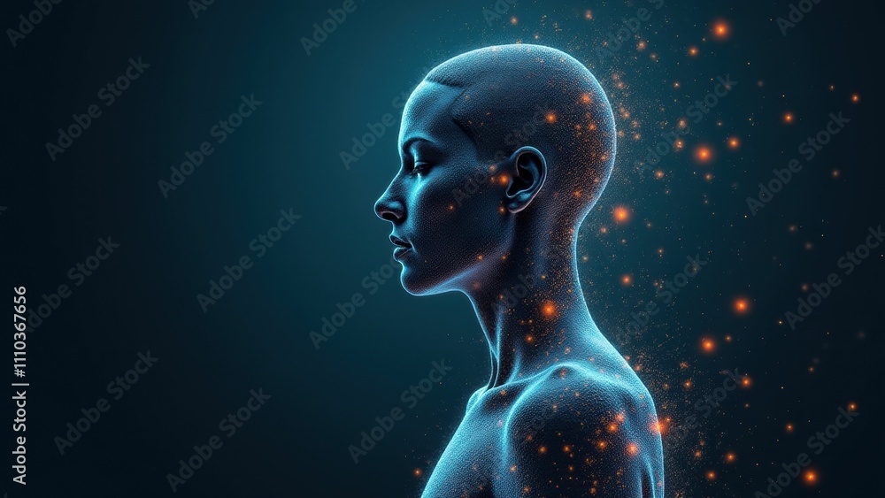 Fototapeta premium A futuristic glowing humanoid with a digital and cosmic aesthetic, featuring intricate light patterns and technological details
