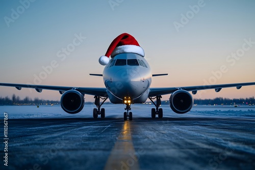 Photo of an airplane with a santa hat on the airport. photo