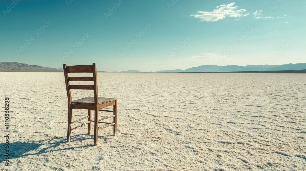 Fototapeta premium Weathered wooden chair stands solitary in a flat, featureless salt desert