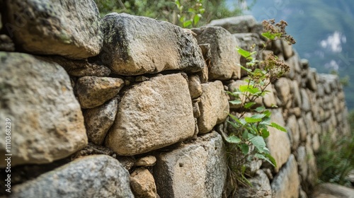 Weathered but precise stone walls in Machu Picchu, close-up with wild plants and mountain scenery in the background