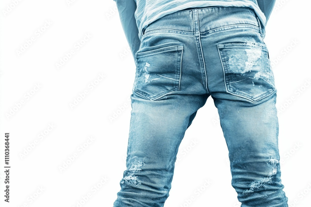 Distressed denim jeans, rear view. Distressed denim jeans, rear view.
