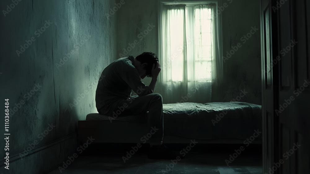 young man sitting on a bed bedroom sick suffer depression somber melancholic mental illness health healthy insomnia stress sleep deprivation relax anxiety young man sitting on a bed bedroom sick suffer depression somber melancholic mental illness health healthy insomnia stress sleep deprivation relax anxiety