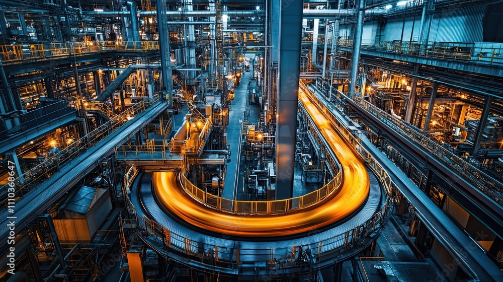 a vast industrial factory interior with towering machinery and glowing conveyor belts, a vast industrial factory interior with towering machinery and glowing conveyor belts,