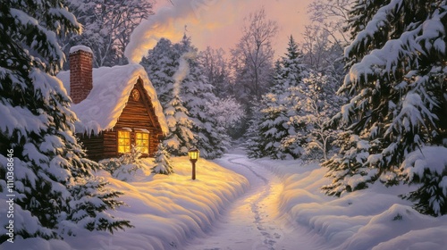 Classic Holiday Card with Snowy Pine Trees and Cozy Cabin photo