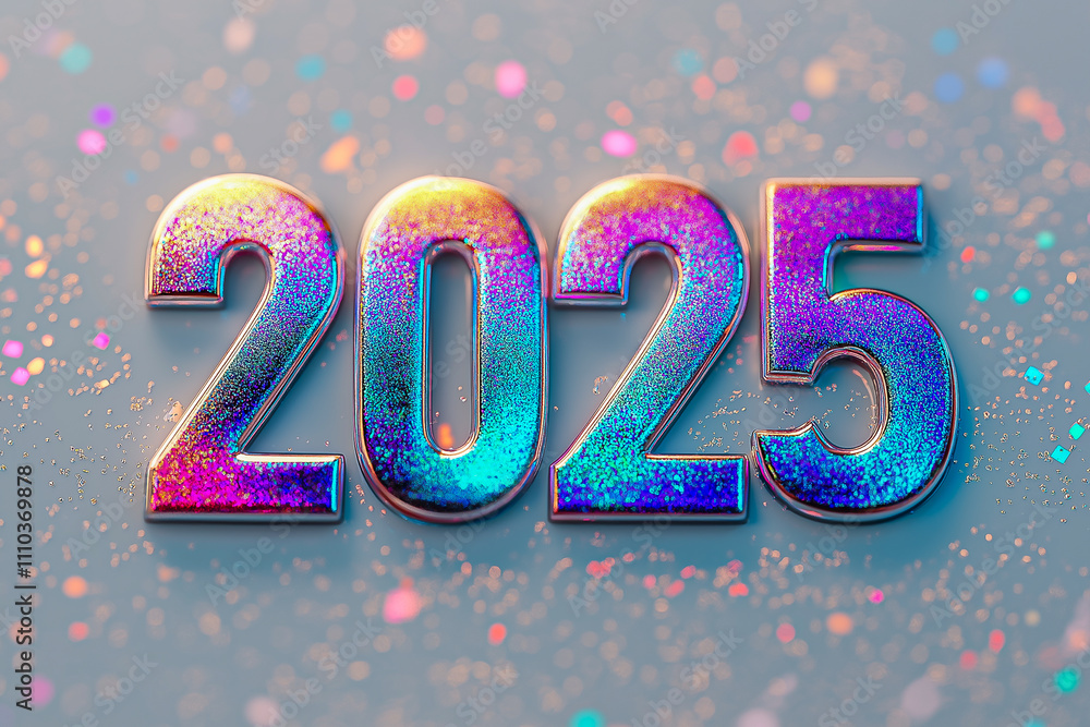 Holographic numbers 2025 on a light gray background. New Year's Design with numbers. Holographic numbers 2025 on a light gray background. New Year's Design with numbers.