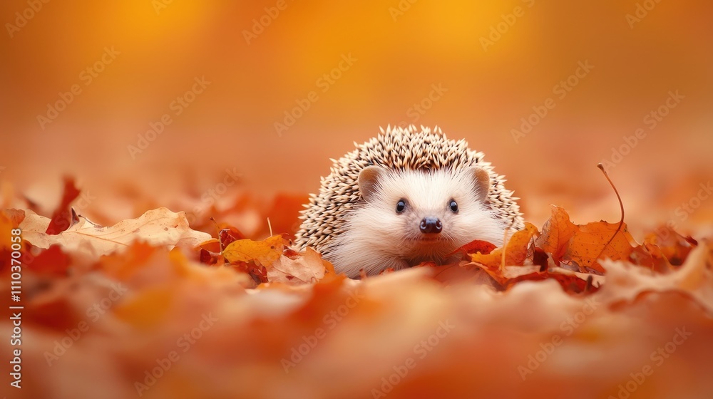 A small hedgehog nestled among colorful autumn leaves. A small hedgehog nestled among colorful autumn leaves.