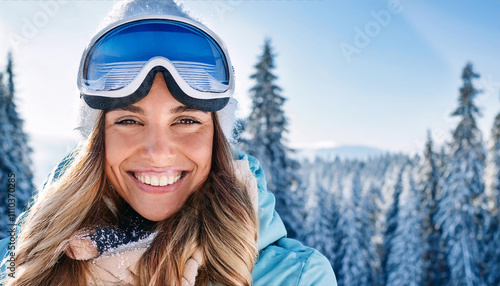 Close up portrait of a joyful woman with frost crystals in her hair, showcasing a big smile while enjoying a winter activity in a snowy landscape