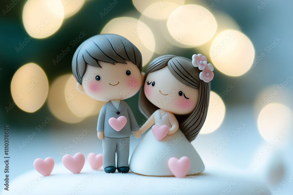 A cute wedding cake topper featuring an adorable bride and groom, with pink hearts on the sides of their figures. The background is white and blurred, creating a soft-focus effect A cute wedding cake topper featuring an adorable bride and groom, with pink hearts on the sides of their figures. The background is white and blurred, creating a soft-focus effect