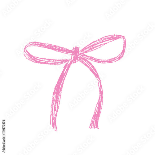 Crayon bow. Pink coquette aesthetic ribbon isolated on white background. Chalk drawing gift decoration. Vector bowknot.