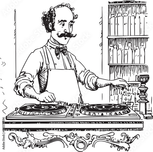 Vintage-style black-and-white illustration of a male DJ with a mustache and apron operating turntables on an ornate table. The background features bookshelves and a candlestick, creating a classical a