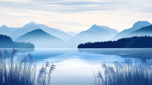 Tranquil lake landscape with misty mountains and soft blue tones at dawn