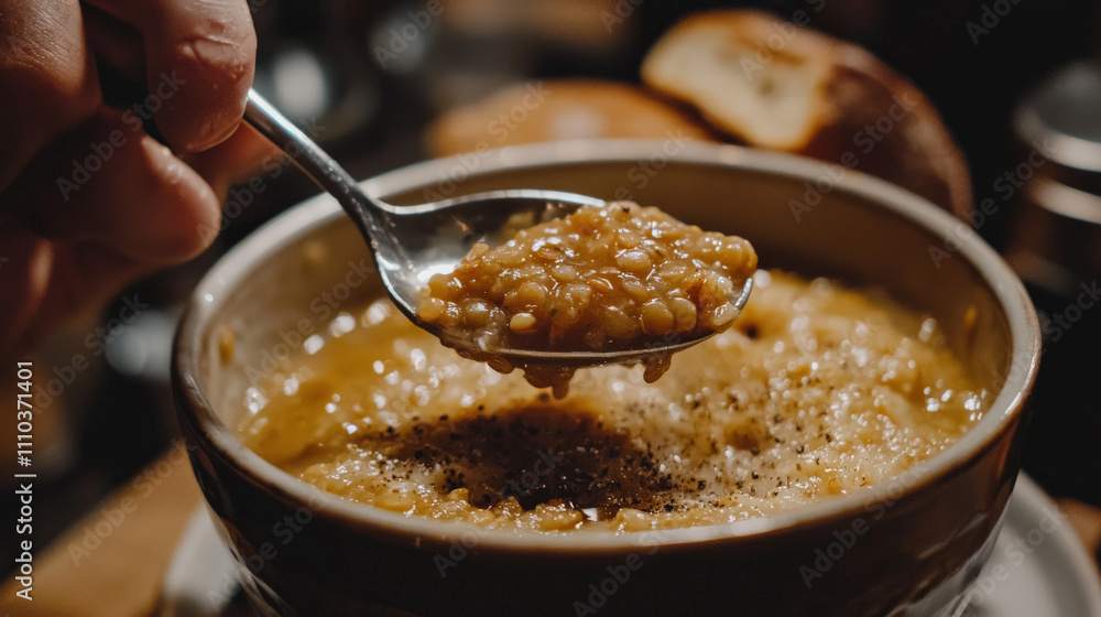 spoonful of hearty lentil soup is being lifted from bowl, showcasing its rich texture and warm, comforting appeal. soup is garnished with sprinkle of black pepper spoonful of hearty lentil soup is being lifted from bowl, showcasing its rich texture and warm, comforting appeal. soup is garnished with sprinkle of black pepper
