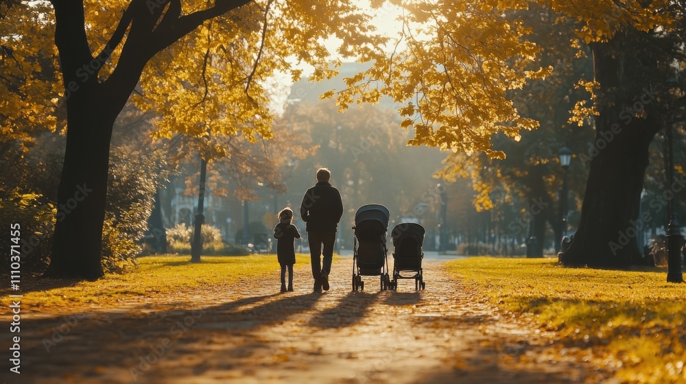 Family stroll on a sunny autumn afternoon in the park with vibrant leaves and a stroller Family stroll on a sunny autumn afternoon in the park with vibrant leaves and a stroller