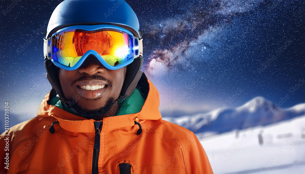 Portrait of a Black man in bright winter jacket and ski goggles against a snowy mountain backdrop with a starry sky Portrait of a Black man in bright winter jacket and ski goggles against a snowy mountain backdrop with a starry sky