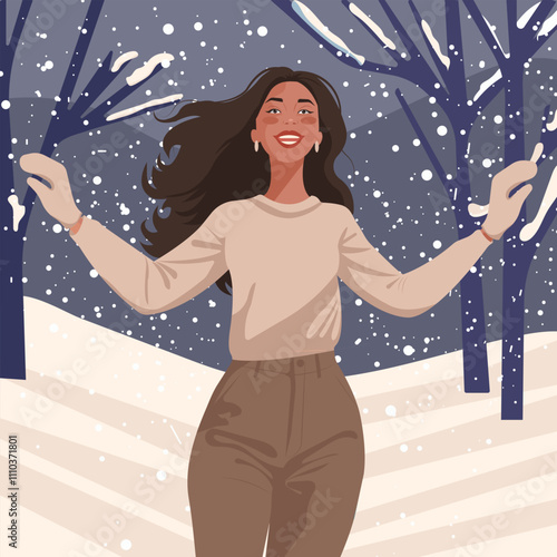 Happy young woman in comfortable winter clothes catches falling snowflakes. Cartoon illustration, vector.
