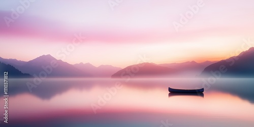 Fototapeta Naklejka Na Ścianę i Meble -  A boat is floating on a calm lake with a beautiful pink and purple sky in the background. Concept of tranquility and serenity, as the boat sits peacefully on the water