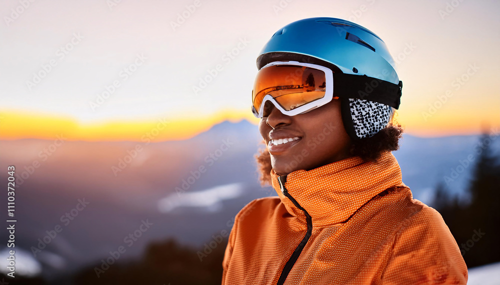 Black woman enjoying a snowy landscape while wearing bright winter attire and reflective ski goggles at sunset Black woman enjoying a snowy landscape while wearing bright winter attire and reflective ski goggles at sunset