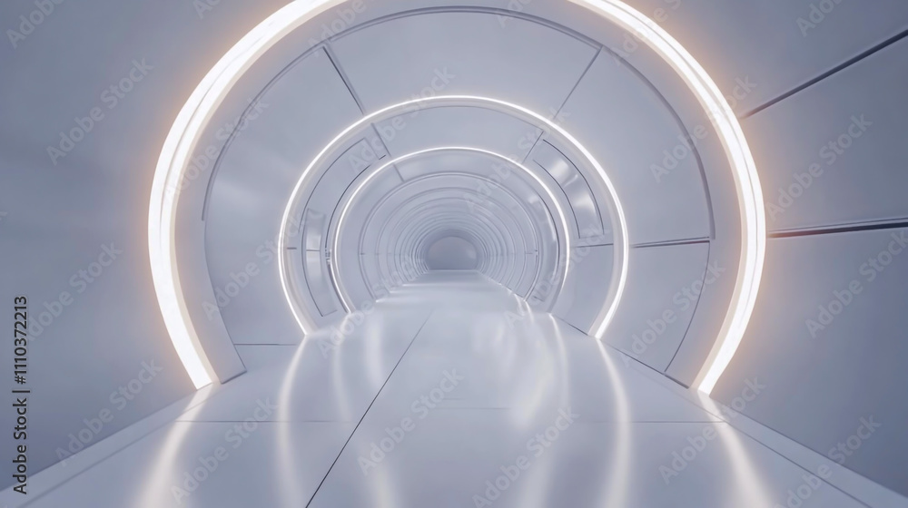 Fototapeta premium Futuristic 3D tunnel with clean white background, glowing abstract lighting, modern technology design, seamless floor creating depth, perfect for a minimalist stage setting.