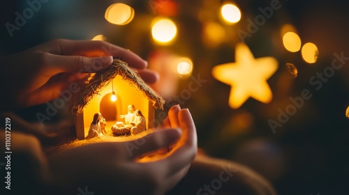 Cozy Hands Holding a Nativity Scene with Soft Lighting