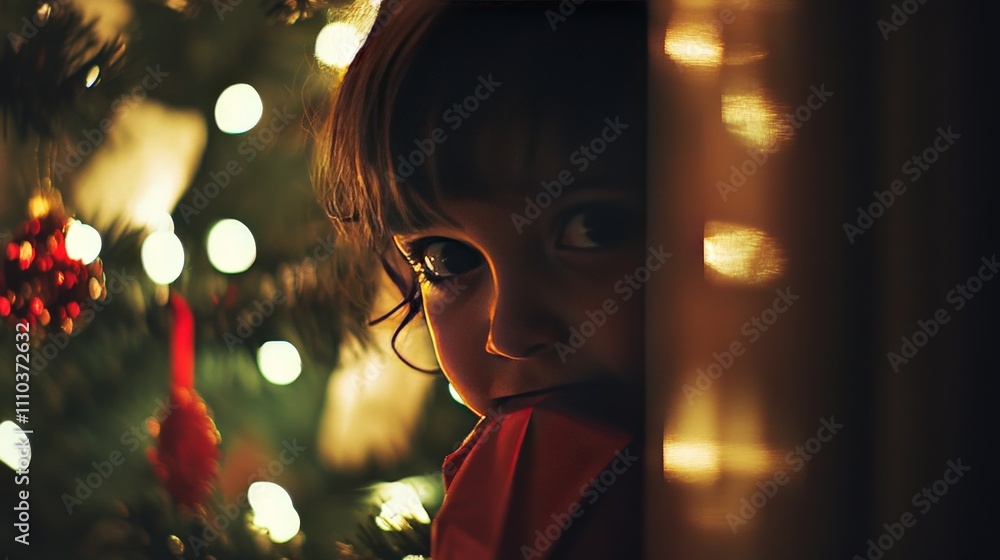 Curious Child Peeking at Christmas Tree Decorations Curious Child Peeking at Christmas Tree Decorations
