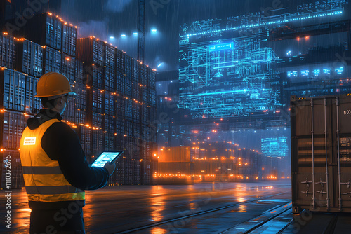 futuristic industrial cargo warehouse management shipping yard containers engineer worker tablet oversee operation glowing digital lines smart technology modern high-tech AI artificial intelligence