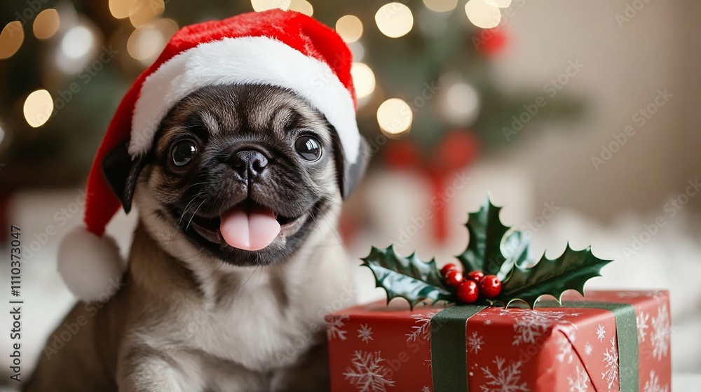 Adorable pug puppy in Santa hat near Christmas gift. Adorable pug puppy in Santa hat near Christmas gift.