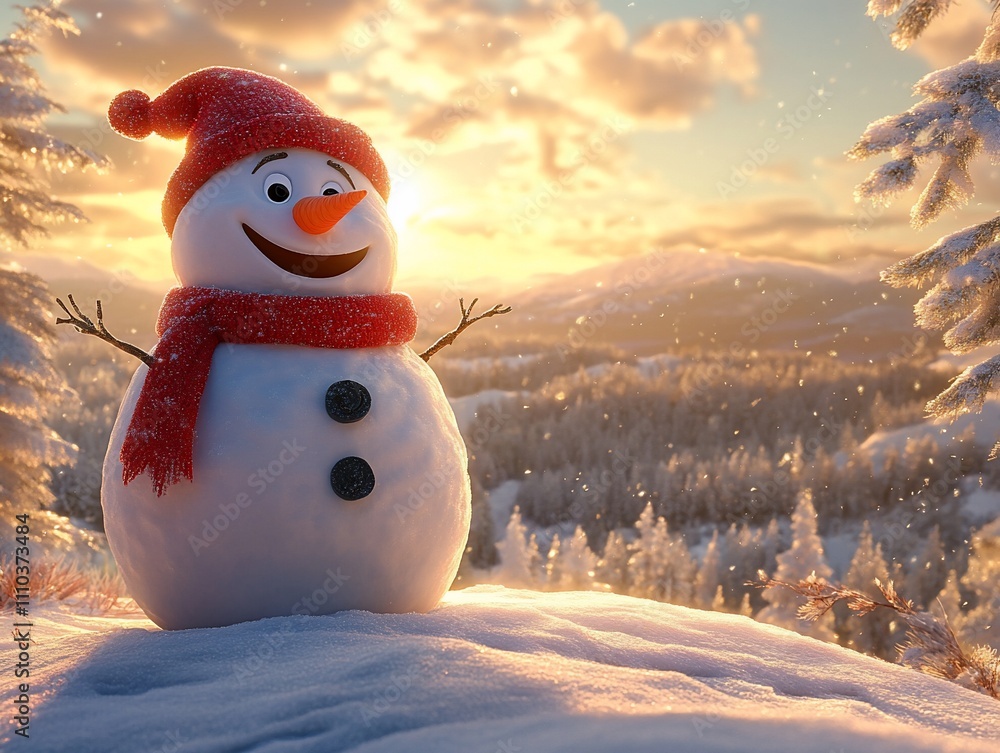 Fototapeta premium Joyful snowman in snowy mountain sunset.