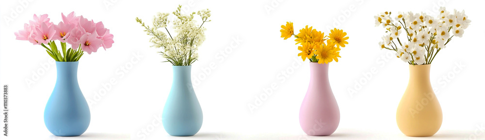 Set of 4 vases with flowers in different colors, white background. Set of 4 vases with flowers in different colors, white background.