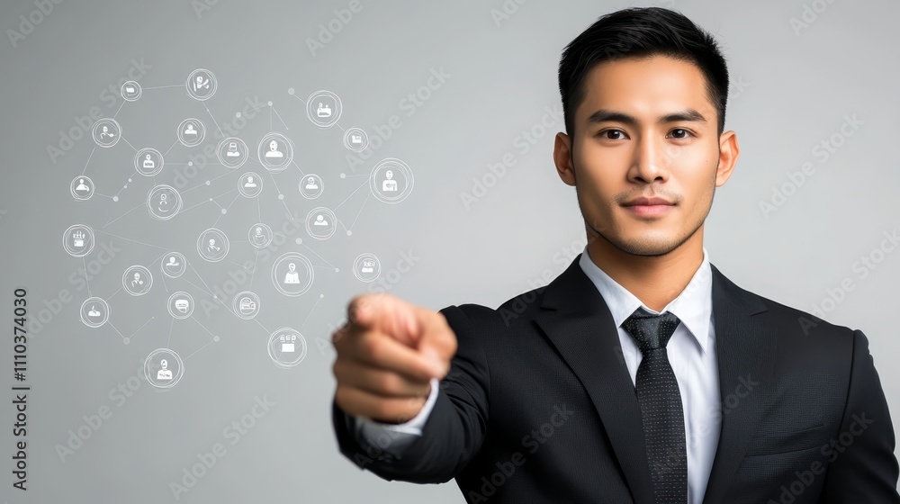 Businessman Pointing at Network Connection Global Communication Teamwork Concept Businessman Pointing at Network Connection Global Communication Teamwork Concept