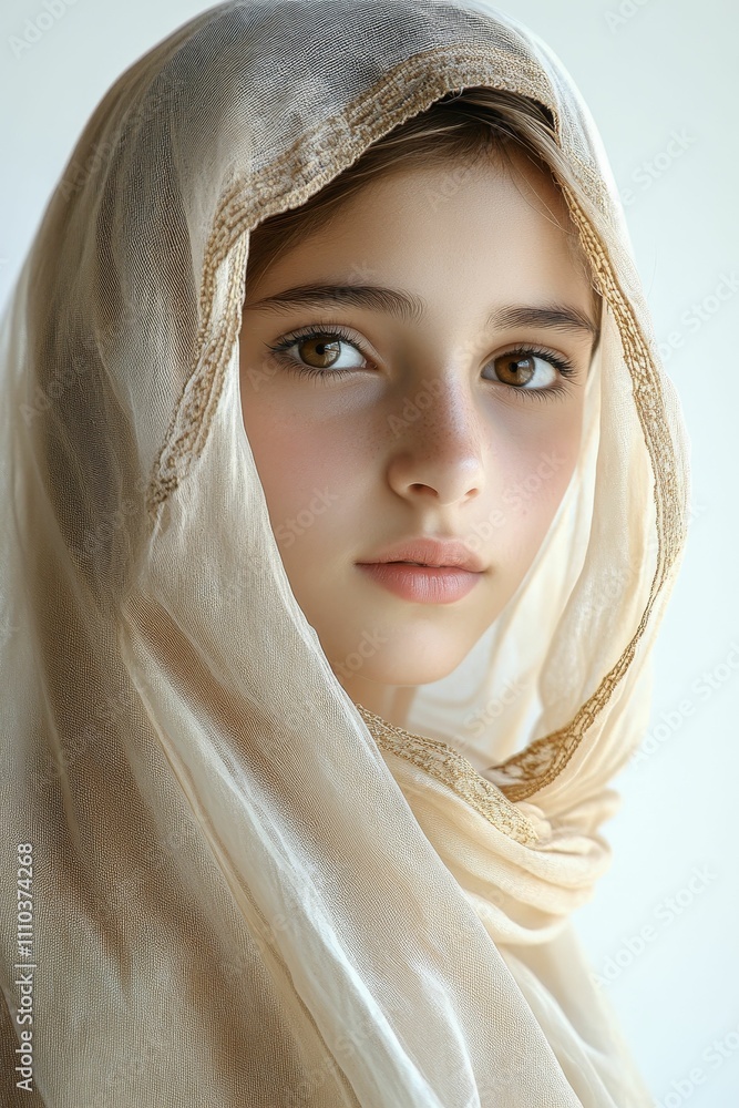 Youthful face veiled in delicate, beige fabric.