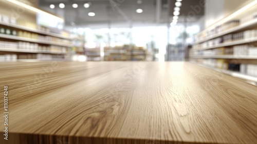 Wallpaper Mural Empty Wooden Table in Blurred Supermarket Background - Product Display Mockup Torontodigital.ca