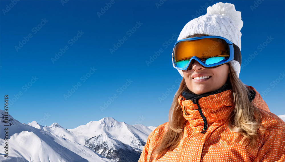 Portrait of a Russian woman enjoying winter sports on a clear day in the mountains while wearing reflective ski goggles and a colorful jacket Portrait of a Russian woman enjoying winter sports on a clear day in the mountains while wearing reflective ski goggles and a colorful jacket
