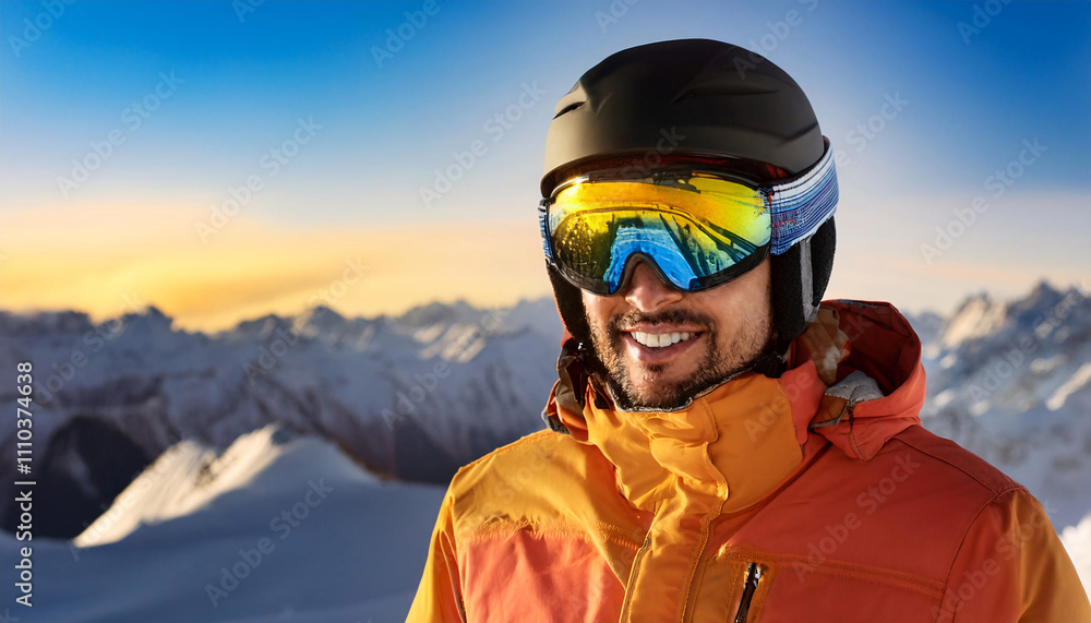 Portrait of a South American man in reflective ski goggles and a bright winter jacket at a snowy mountain peak during sunset Portrait of a South American man in reflective ski goggles and a bright winter jacket at a snowy mountain peak during sunset