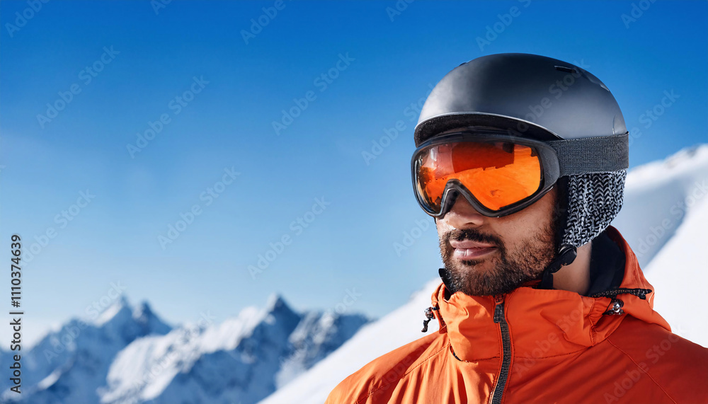 Portrait of a South American man in bright winter jacket and reflective ski goggles enjoying snowy mountain scenery Portrait of a South American man in bright winter jacket and reflective ski goggles enjoying snowy mountain scenery