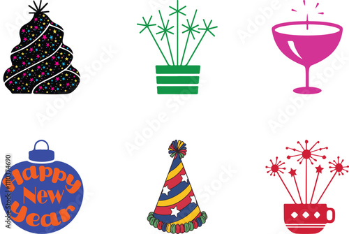 Celebration Symbols, New Year Designs: Elevate your holiday projects with stunning New Year icons, festive decorations, and party designs. Perfect for creative works or event planning.