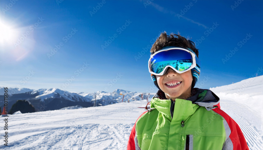 Cheerful South American boy in ski goggles enjoys a sunny day on the slopes during winter in the Andes mountains Cheerful South American boy in ski goggles enjoys a sunny day on the slopes during winter in the Andes mountains
