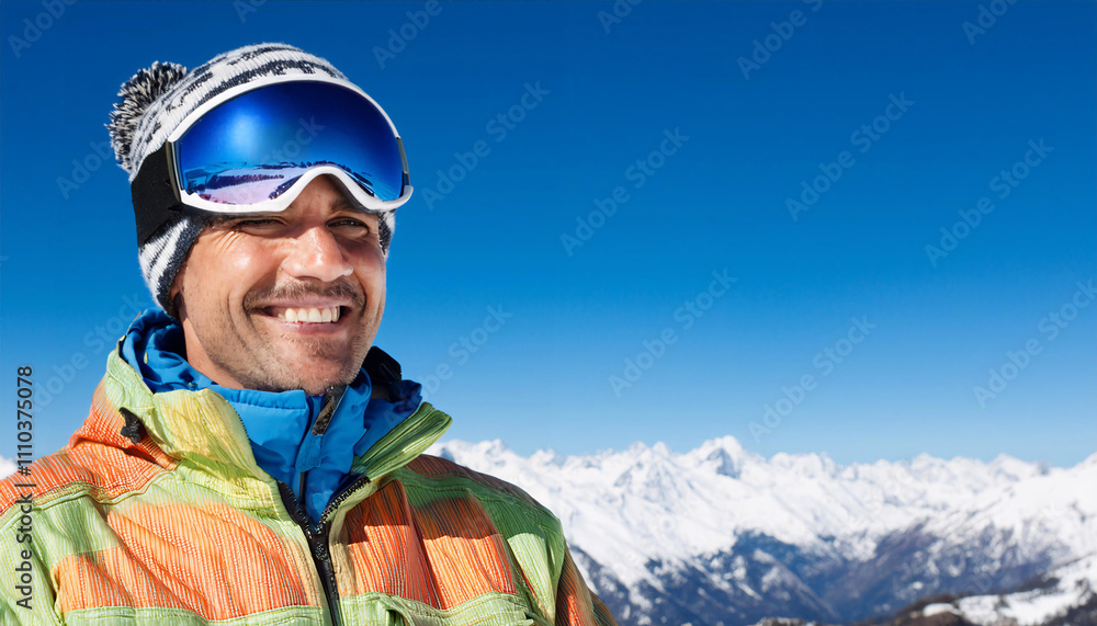 Cheerful South American man in colorful ski outfit enjoys sunny day on the mountain slopes with breathtaking snowy peaks in the background Cheerful South American man in colorful ski outfit enjoys sunny day on the mountain slopes with breathtaking snowy peaks in the background