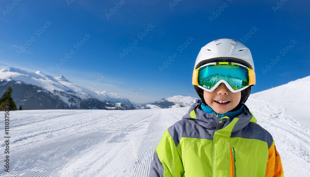 Cheerful South American boy wearing bright ski goggles on a winter sports adventure in a snowy mountain landscape Cheerful South American boy wearing bright ski goggles on a winter sports adventure in a snowy mountain landscape