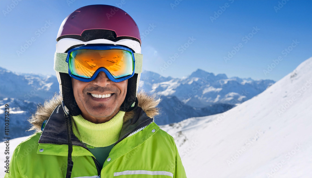 Cheerful South American man enjoys winter sports in ski goggles against a stunning mountain backdrop during a sunny day Cheerful South American man enjoys winter sports in ski goggles against a stunning mountain backdrop during a sunny day