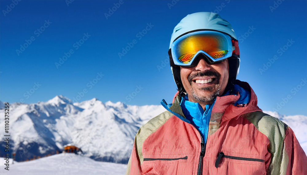 Cheerful South American man enjoying a sunny day of skiing with mountains in the background wearing reflective ski goggles and a bright jacket Cheerful South American man enjoying a sunny day of skiing with mountains in the background wearing reflective ski goggles and a bright jacket