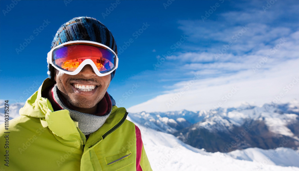 Cheerful South American man enjoys winter adventure in bright ski gear with reflective goggles against stunning snowy backdrop Cheerful South American man enjoys winter adventure in bright ski gear with reflective goggles against stunning snowy backdrop