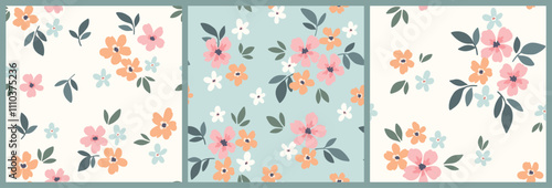 Seamless floral pattern, cute ditsy print in liberty style. Pretty botanical design collection in pastel colors: small hand drawn daisy flowers, tiny leaves, simple bouquets. Vector illustration.