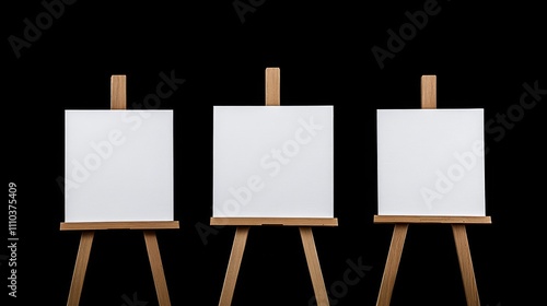 Three wooden easels blank white canvas them are canvases photo