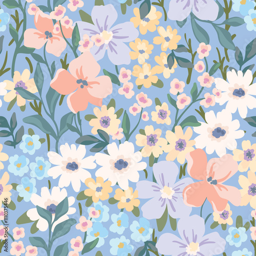 Seamless floral pattern, delicate ditsy print with spring meadow in pastel colors. Cute botanical design, abstract print of hand drawn small flowers, leaves on blue field. Vector illustration.