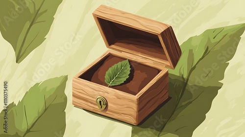 Wooden Box Contains Single Green Leaf Treasure photo