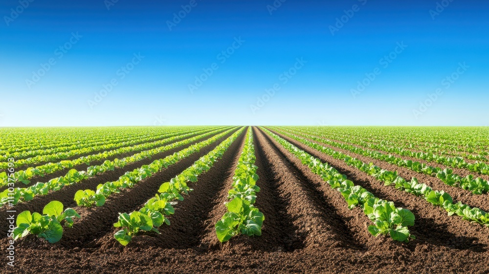 A vibrant green field of lettuce rows stretches under a clear blue sky, showcasing healthy crops and rich soil. A vibrant green field of lettuce rows stretches under a clear blue sky, showcasing healthy crops and rich soil.