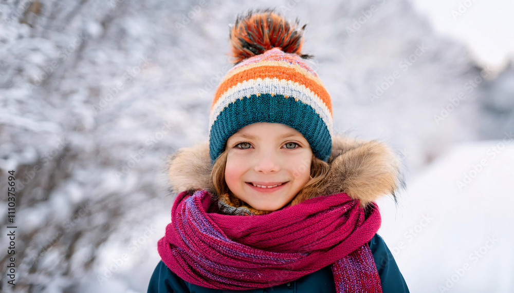 Obraz premium Child smiling warmly in colorful scarf and hat, cheeks rosy against a snowy landscape during winter